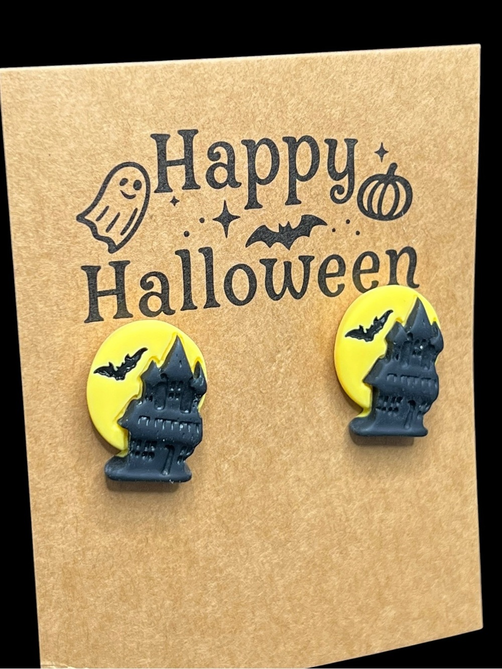 NWT Festive Halloween Haunted House Yellow Moon Resin Stud Earrings